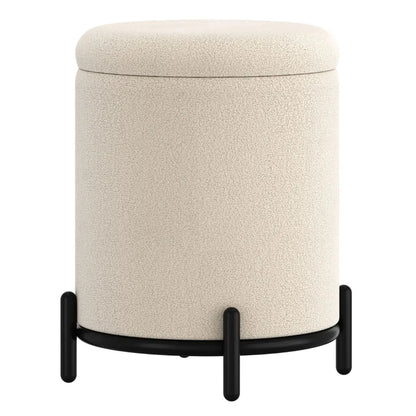 Castor Cream Boucle Storage Ottoman with Black Metal Base