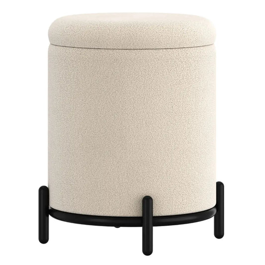 Castor Cream Boucle Storage Ottoman with Black Metal Base