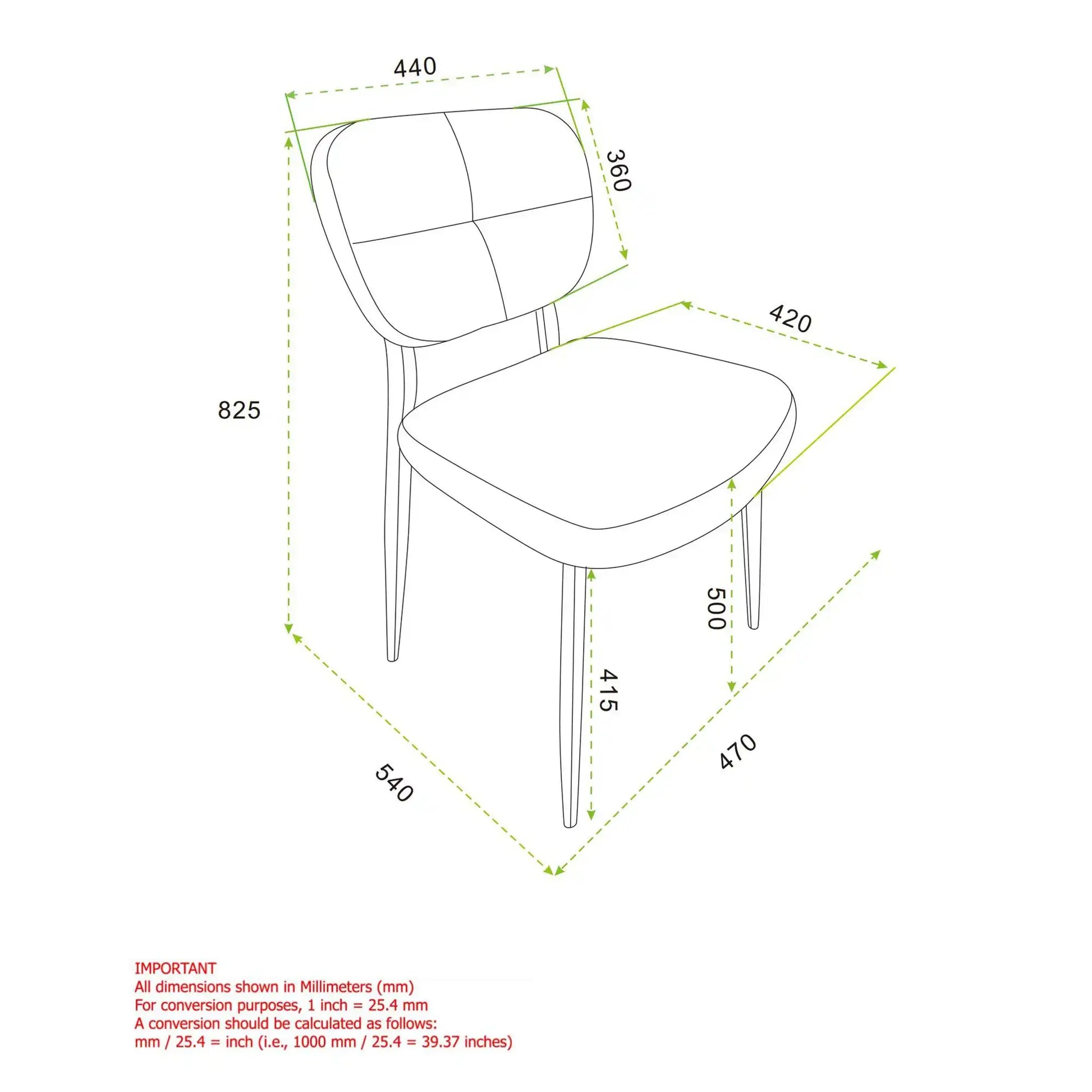 Measurement chart of a chair with dimensions in millimeters