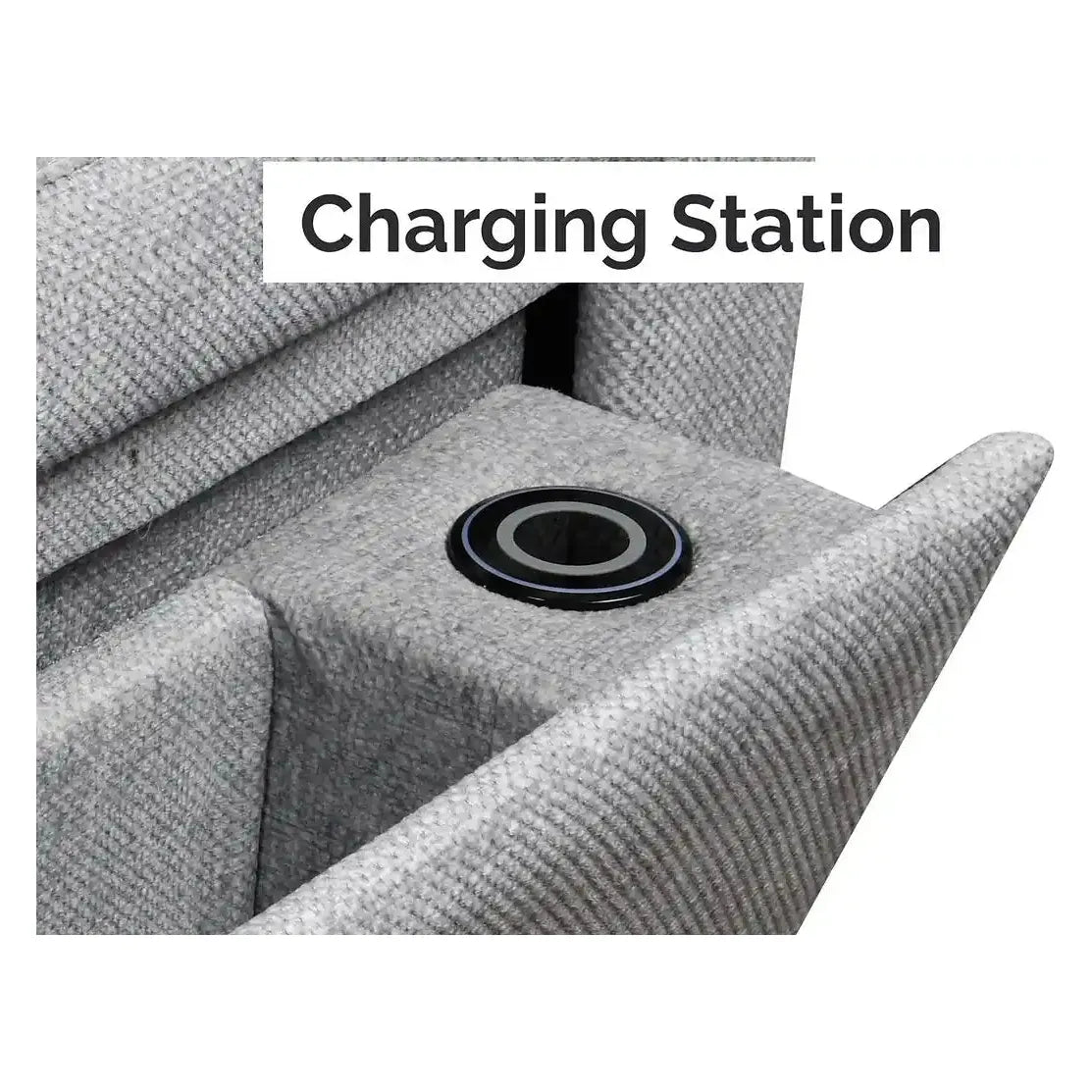 Gray sofa with a wireless charging pad 