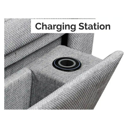 Gray sofa with a wireless charging pad 