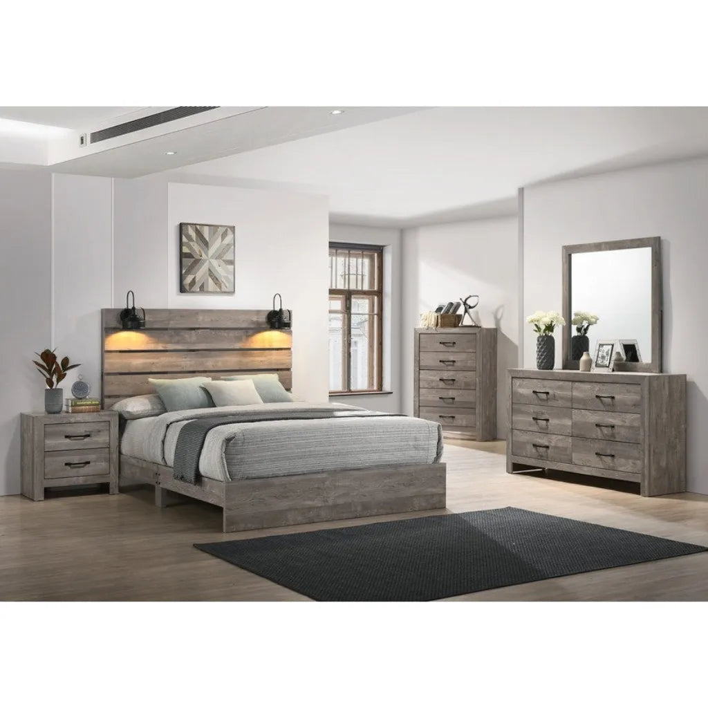 Wooden bedroom furniture set with bed, nightstands, dresser-mirror and storage chest 