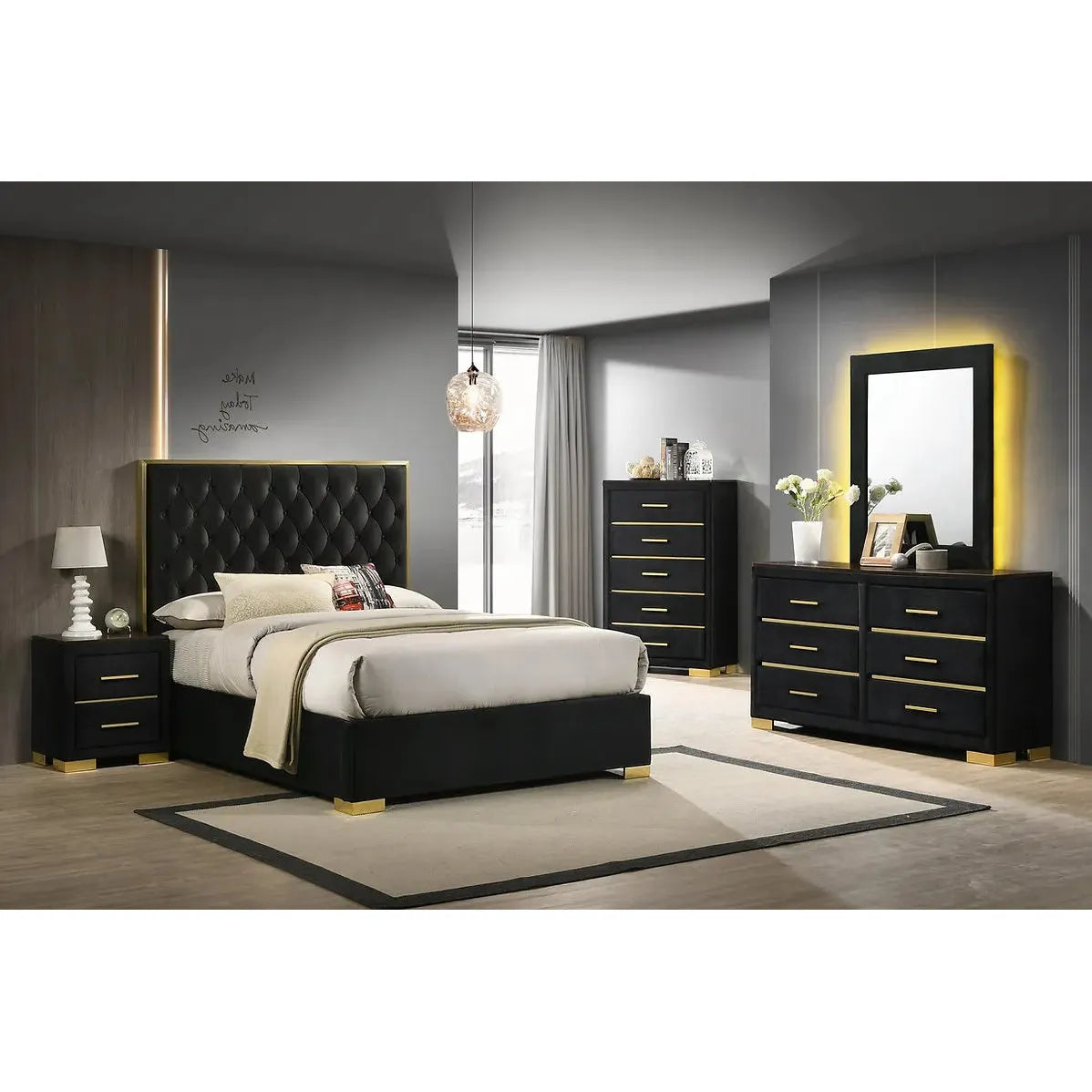 Chloe 5 Piece Bedroom Set with storage chest, nightstand and dresser with mirror