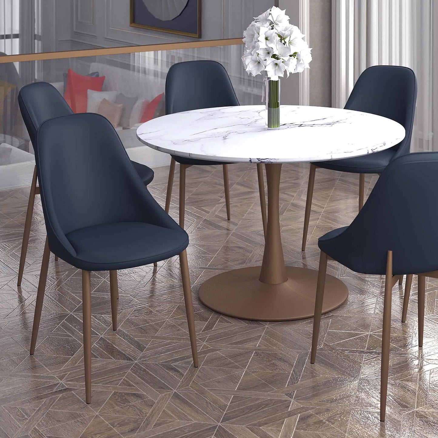 Cleo Mid-Century Modern Side Chair, Faux Leather Upholstery with Aged Gold Legs - Set of 2