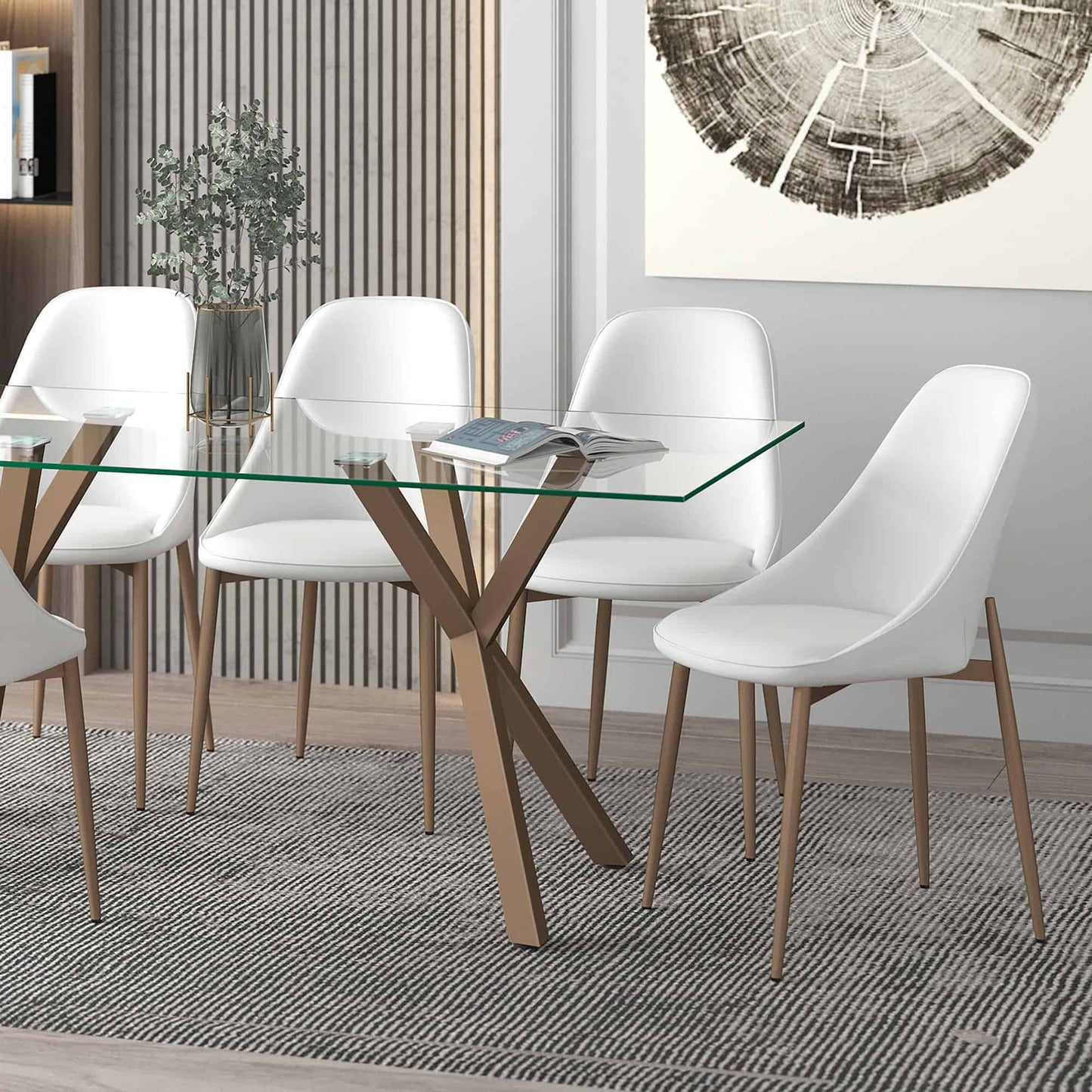 Cleo Mid-Century Modern Side Chair, Faux Leather Upholstery with Aged Gold Legs - Set of 2