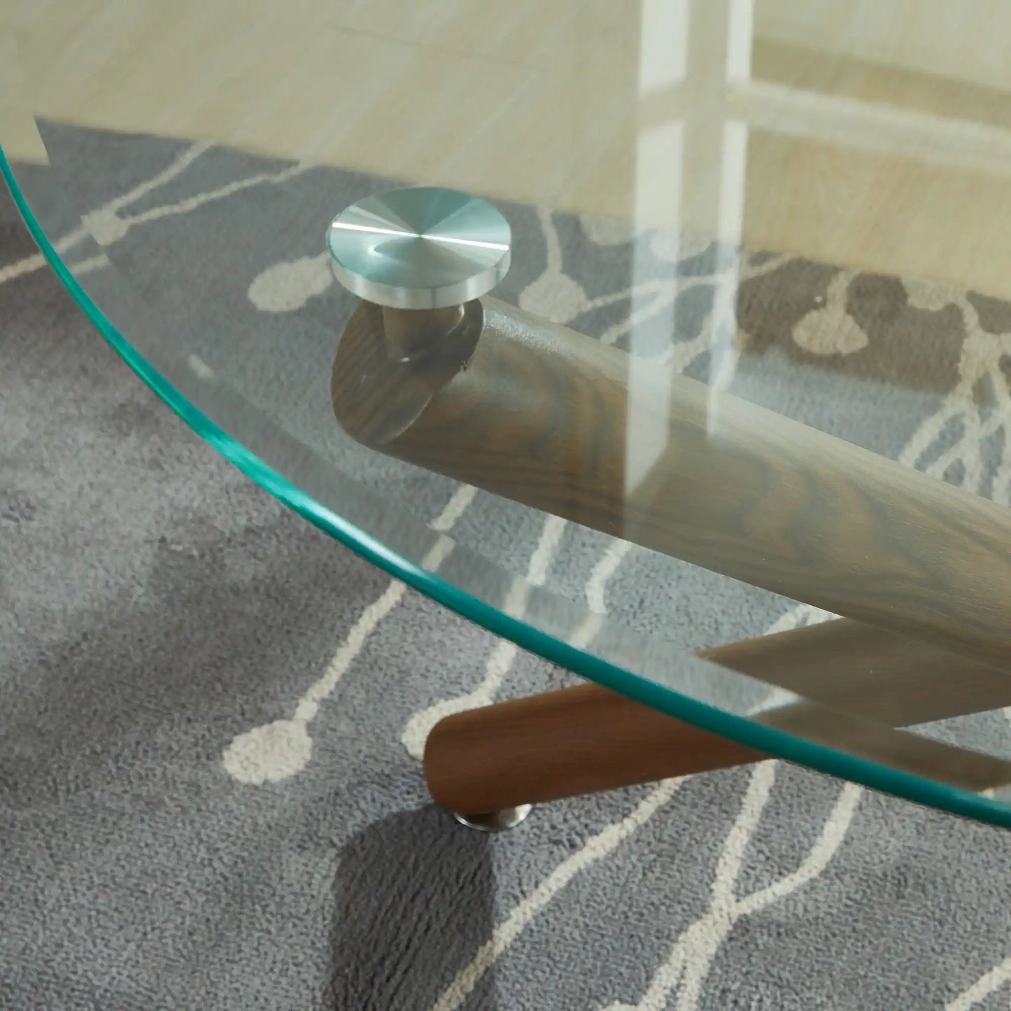 Rocca Round Glass Dining Table with Walnut Finish & Metal Base