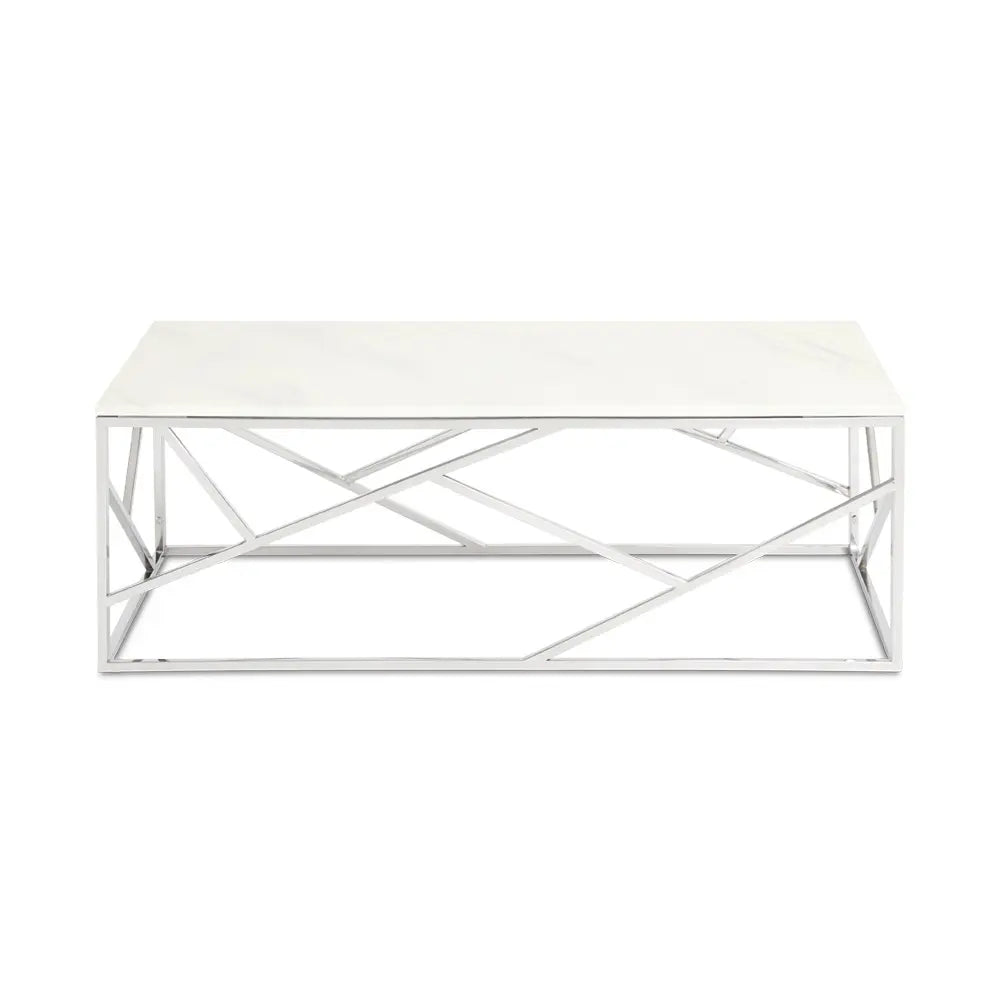 Rectangular Faux Marble Coffee Table with Stainless Steel Frame For Living Room