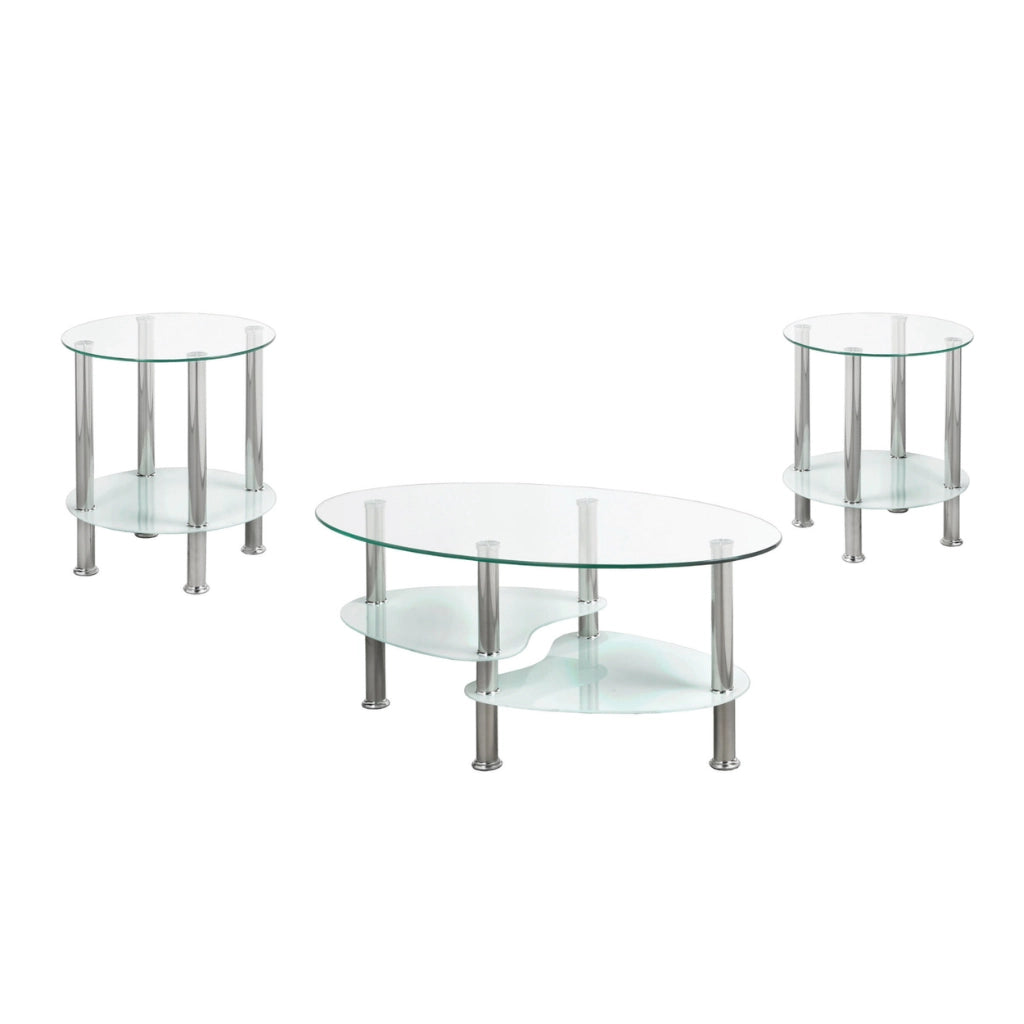 Set of three glass coffee tables with metal frames 