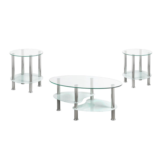 Set of three glass coffee tables with metal frames 