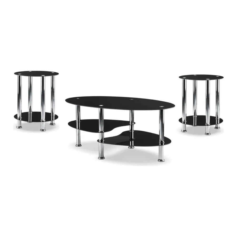Black glass coffee table set with two matching side tables 
