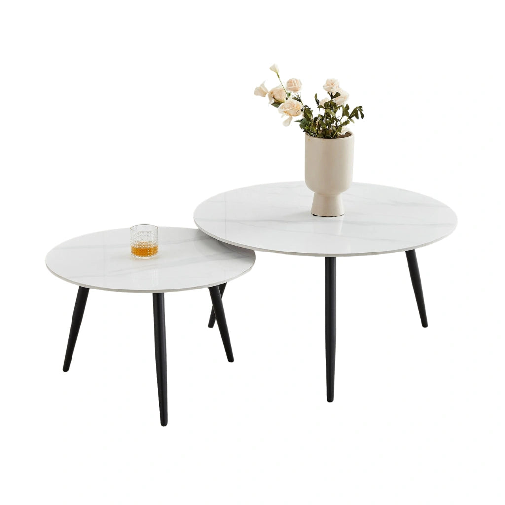 white round coffee table set with black steel legs
