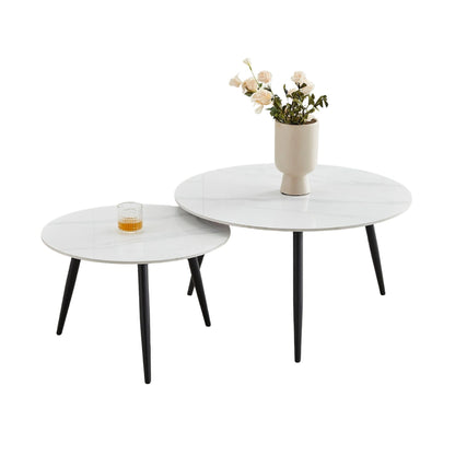 white round coffee table set with black steel legs