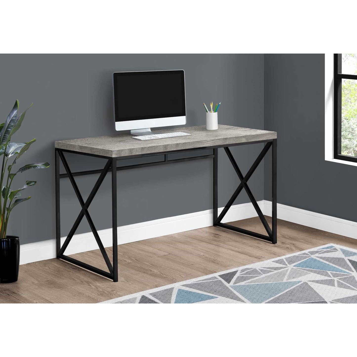 Computer Desk - Reclaimed Wood Look with Black Metal X-Frame