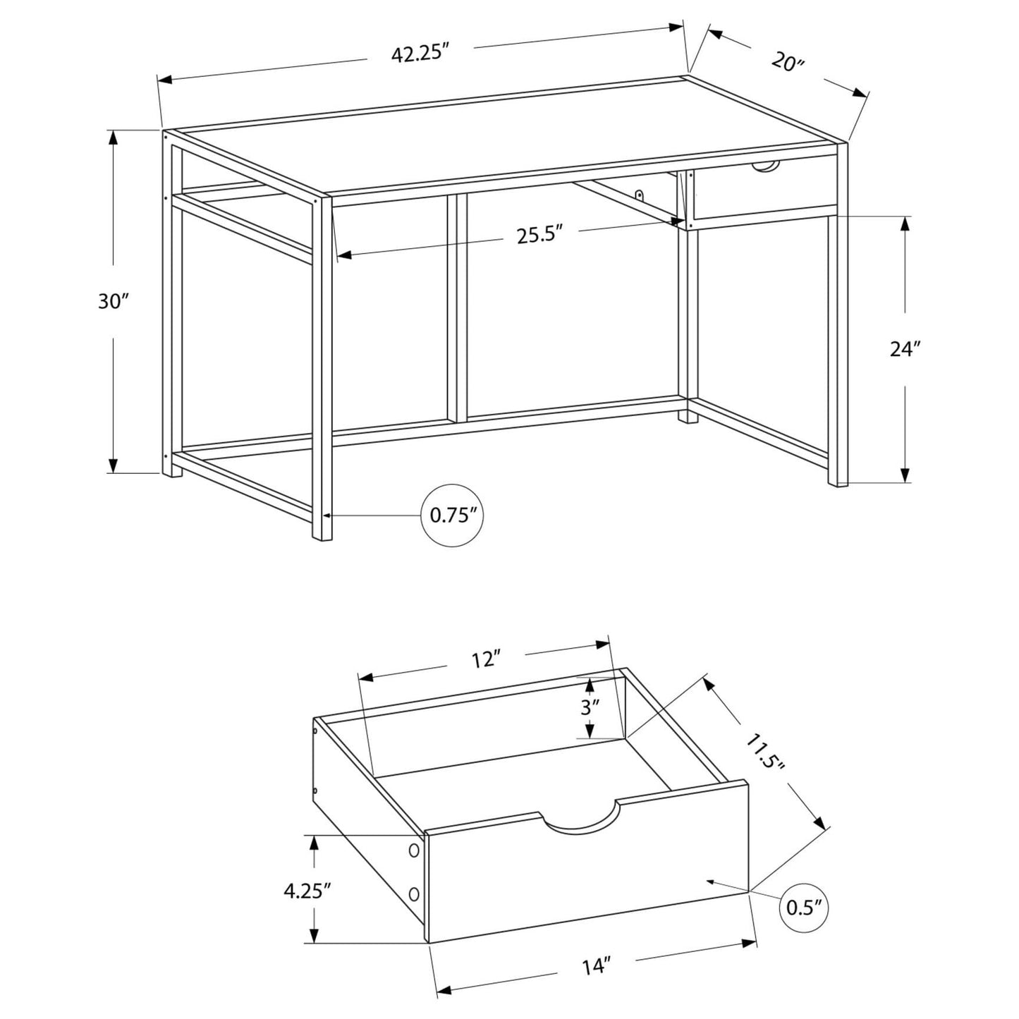 42" Compact  Computer Desk - Black Finish with Storage Drawer