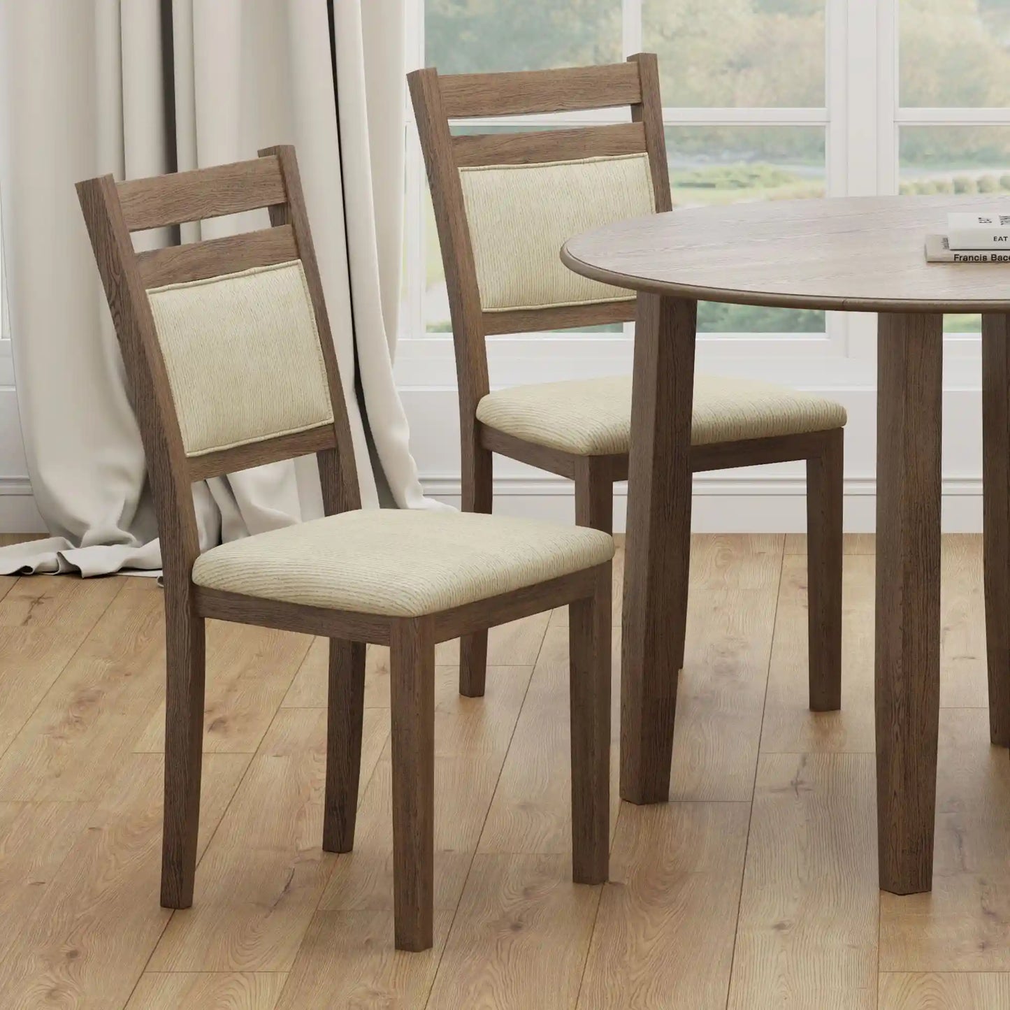 Conrad Modern Wood Dining Chairs Set of 2 – Beige Cushioned Upholstery