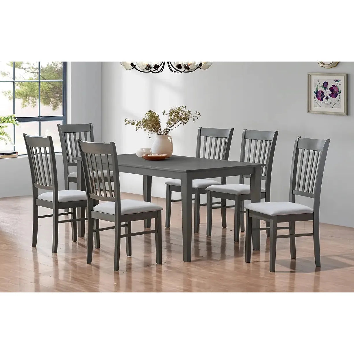 Grey dining table with six chairs for dining room