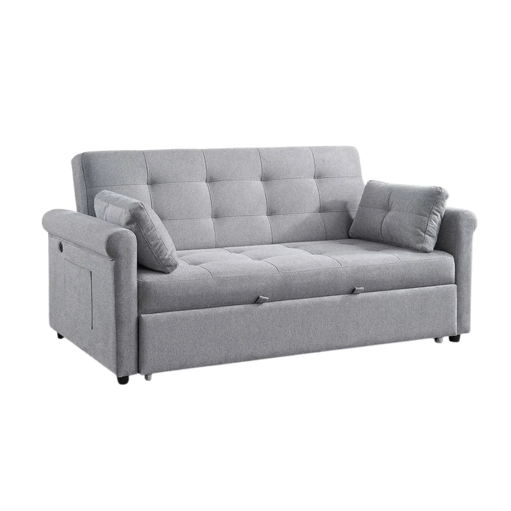 Gray sofa bed with tufted backrest and two cushions on a white background
