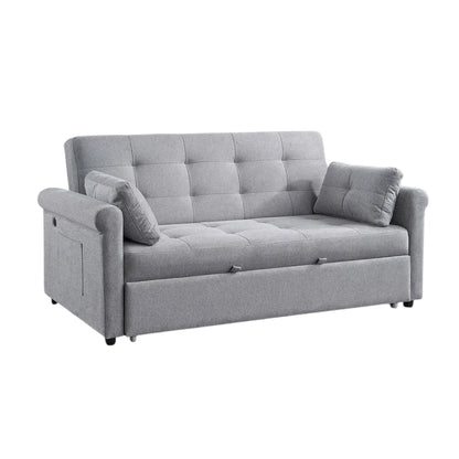 Gray sofa bed with tufted backrest and two cushions on a white background
