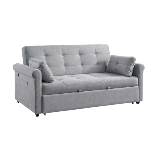 Gray sofa bed with tufted backrest and two cushions on a white background