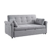 Gray sofa bed with tufted backrest and two cushions on a white background