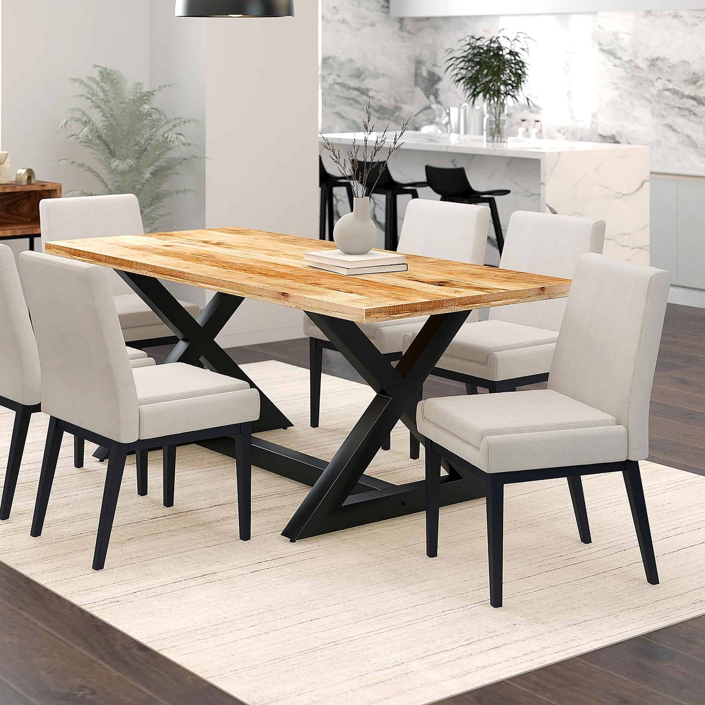 Cortez Dining Chair, Beige Fabric Upholstery with Black Metal Legs - Set of 2