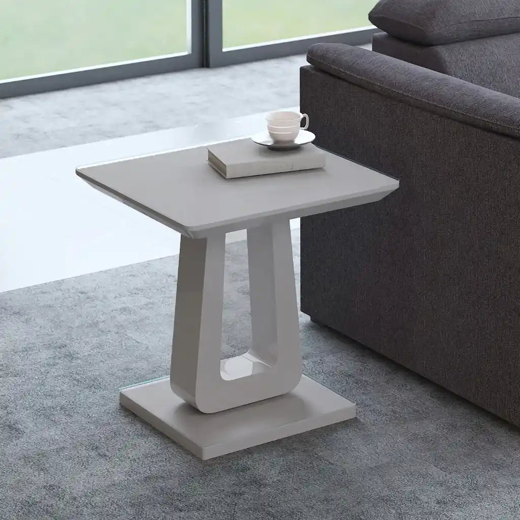Corvus Modern Glass Side Table in Warm Grey with Pedestal Base