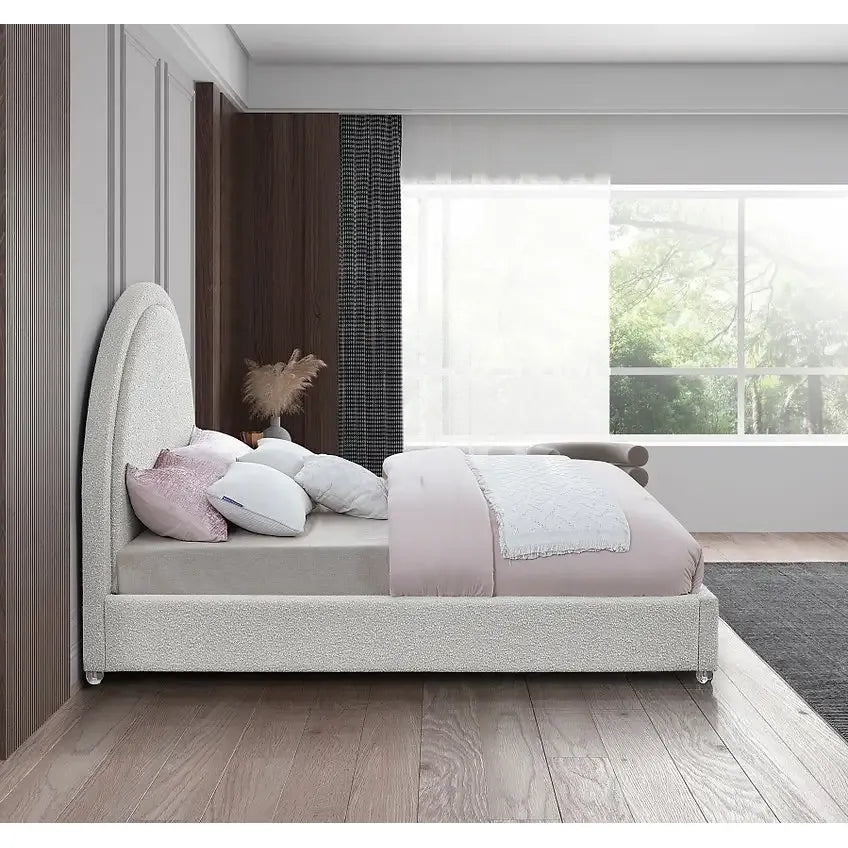  King Bed with Cream Bouclé Upholstery