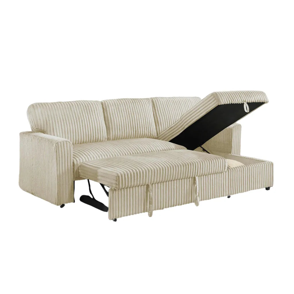 Beige striped sofa bed with storage compartment on a white background