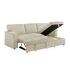 Beige striped sofa bed with storage compartment on a white background