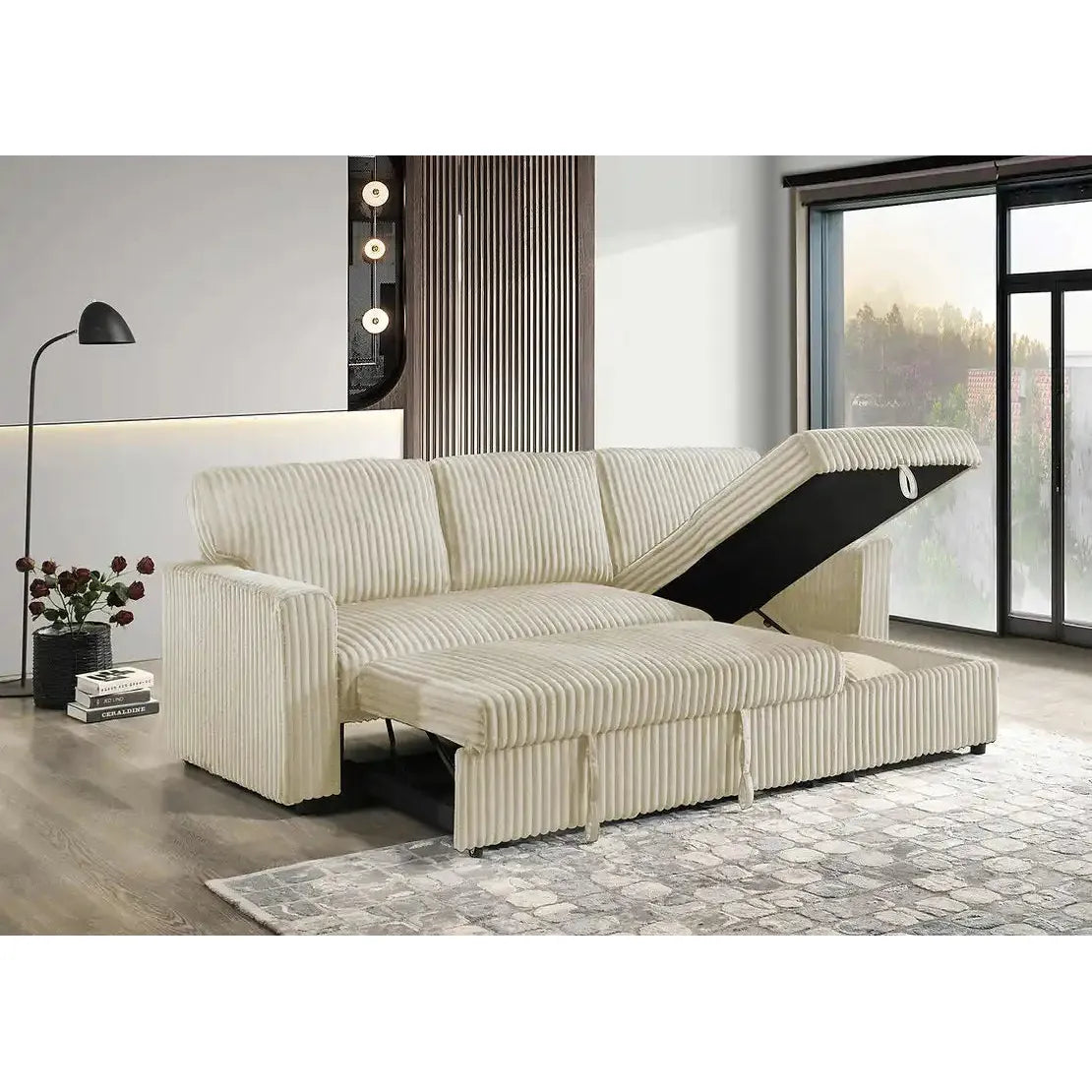 Storage option of a Cream striped sofa bed in a modern living room 