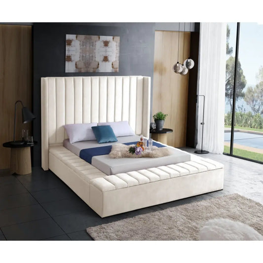 Cream Velvet King Bed with Storage Benches
