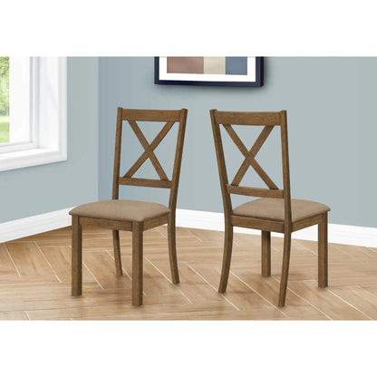 Cross Back  Dining Chairs – Brown Fabric,  Walnut Finish -Set of 2