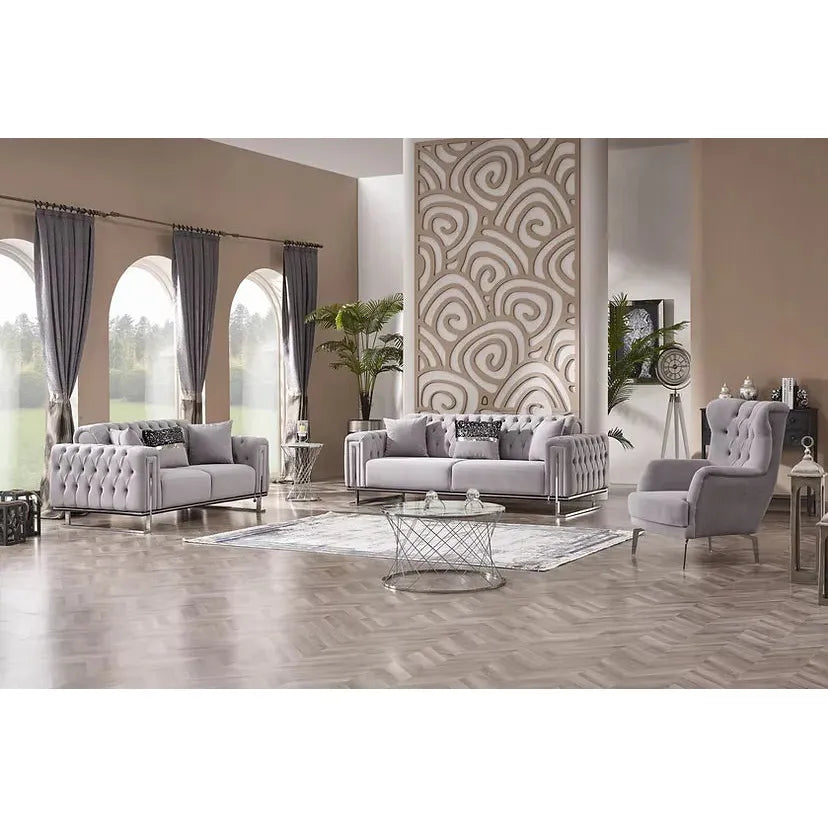DREAMS Sofa Set with Stainless Steel Legs and Convertible Bed - Light Gray