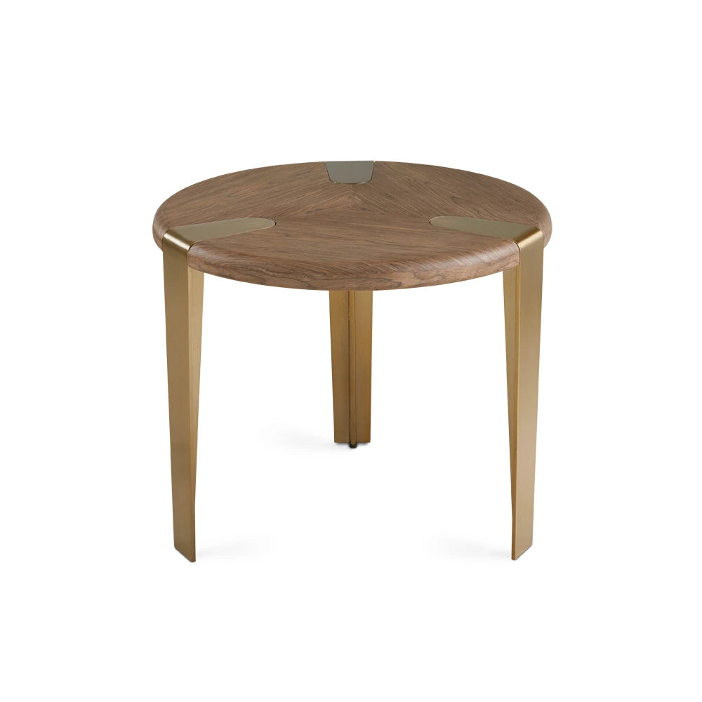 Darlene Round Wood End Table – Walnut Veneer Top & Brass-Finish Base
