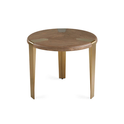 Darlene Round Wood End Table – Walnut Veneer Top & Brass-Finish Base