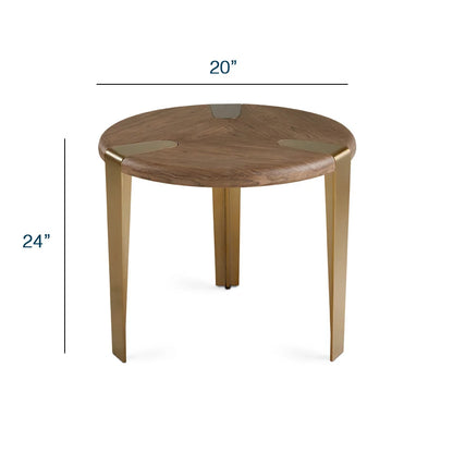 Darlene Round Wood End Table – Walnut Veneer Top & Brass-Finish Base