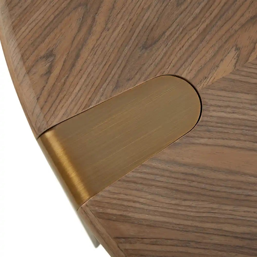 Darlene Round Wood End Table – Walnut Veneer Top & Brass-Finish Base