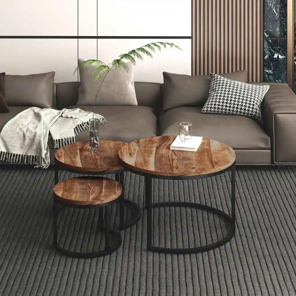 Darsh 3pc Nesting Coffee Table Set With Rustic Mango Wood Tops