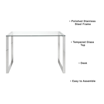 David Silver Glass Office Desk with Stainless Steel Frame