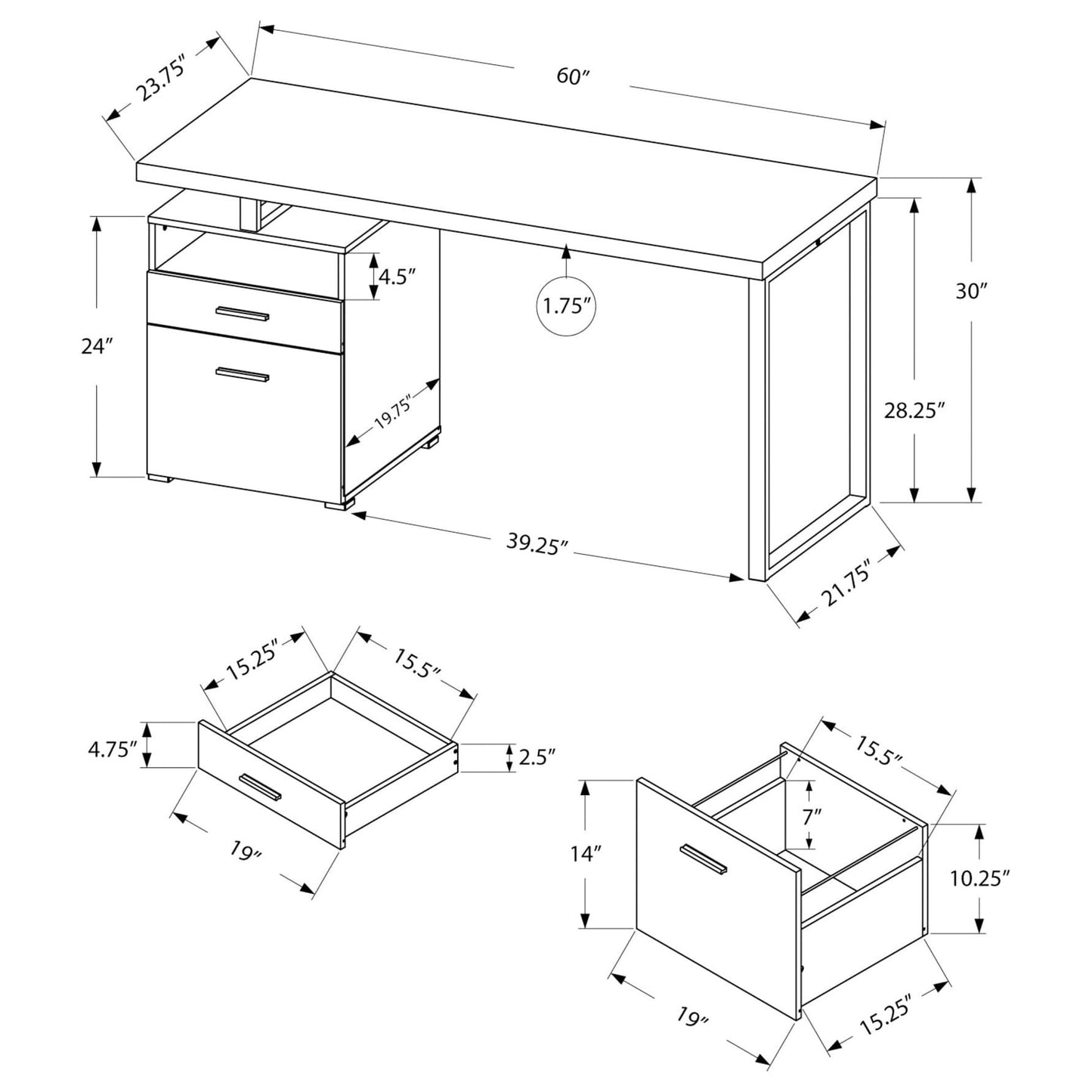 60" Computer Desk – Dark Taupe Wood-Look Finish - Reversible Design