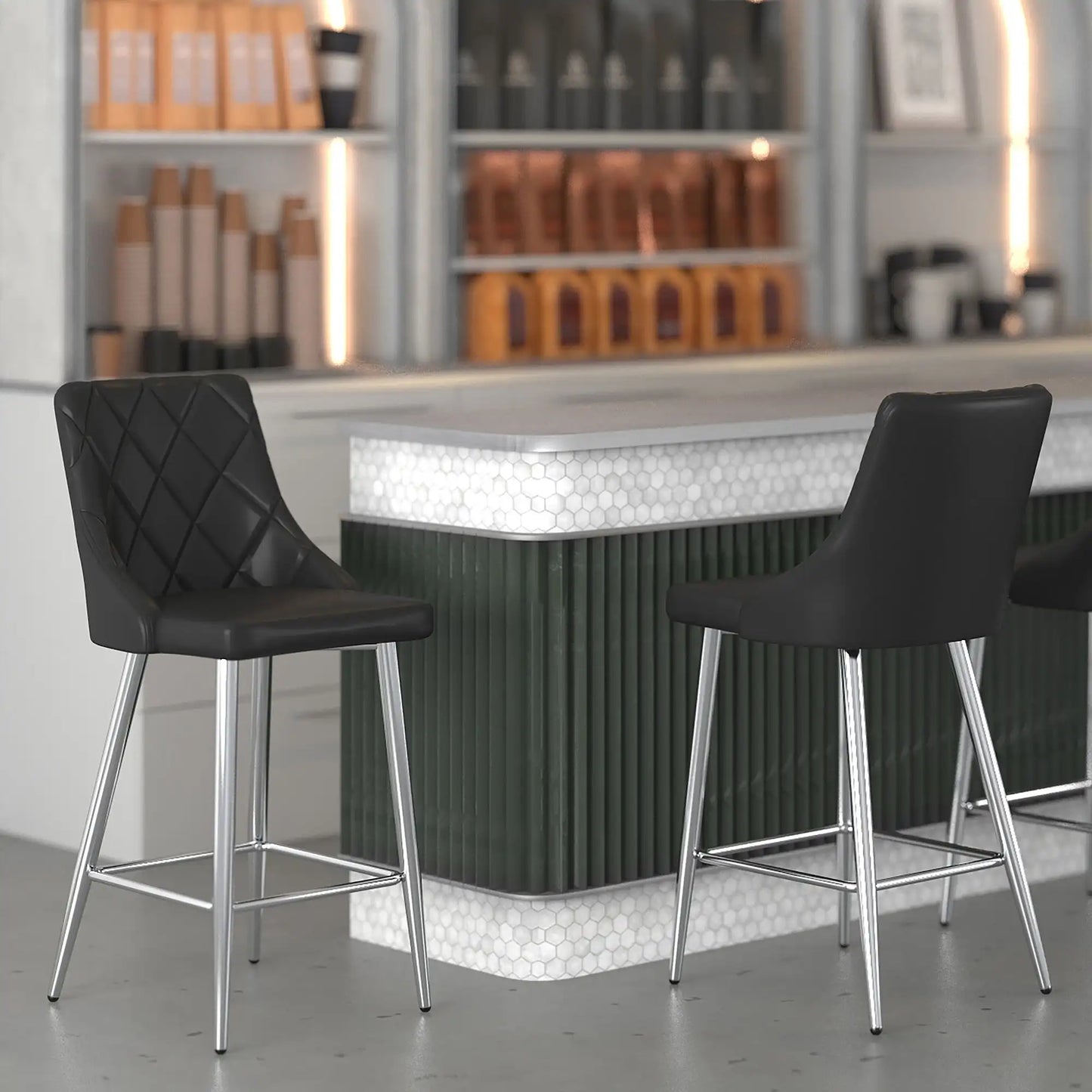 Devo Black Faux Leather Counter Stools With Chrome Legs – Set of 2