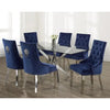 Dining table set with six blue chairs for dining room
