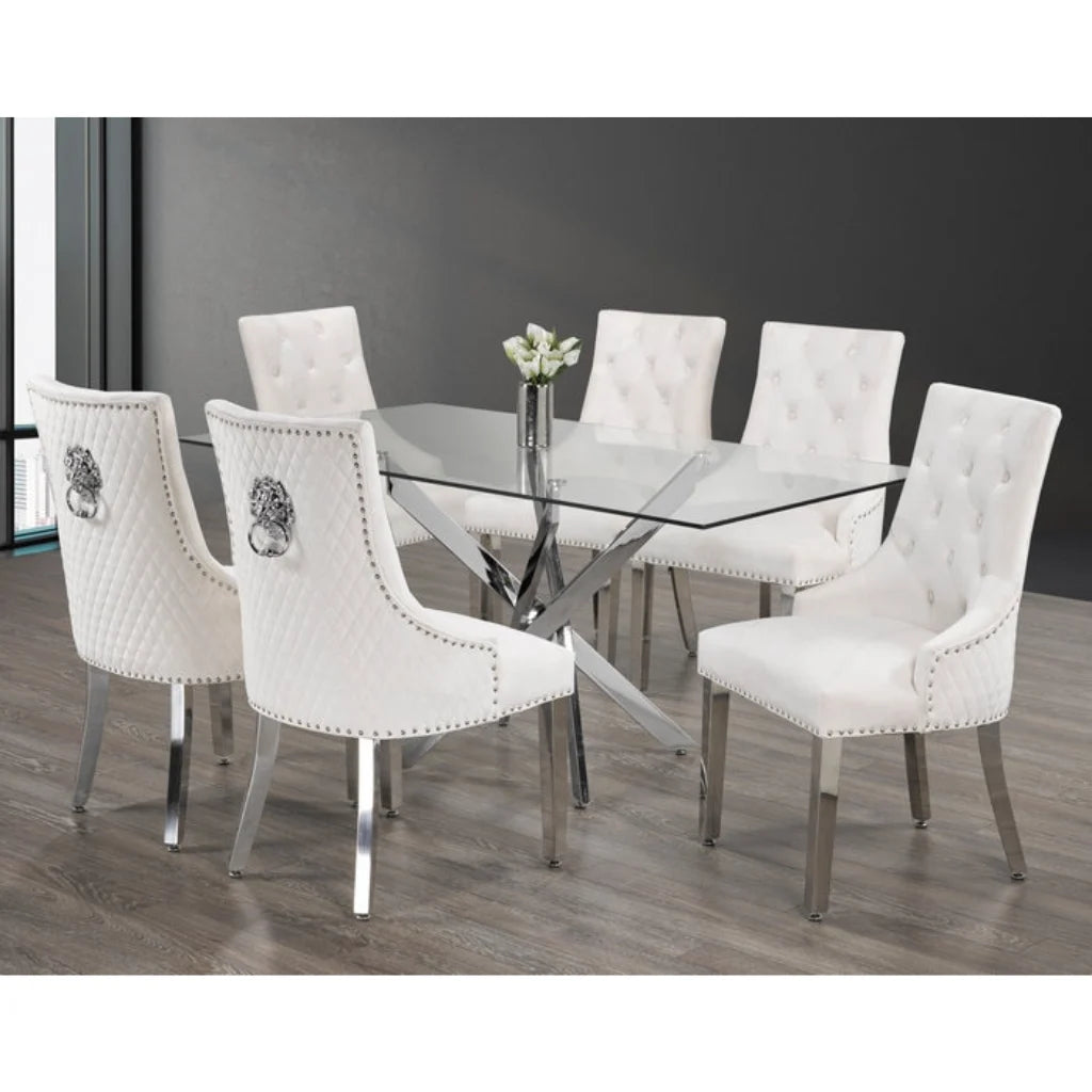Glass Top dining table set with six creme chairs