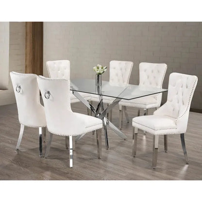 Dining set with a glass table and cream tufted chairs