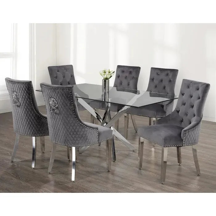 Dining table set with grey tufted chairs 