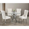 Dining room set with a glass table and four white tufted chairs 