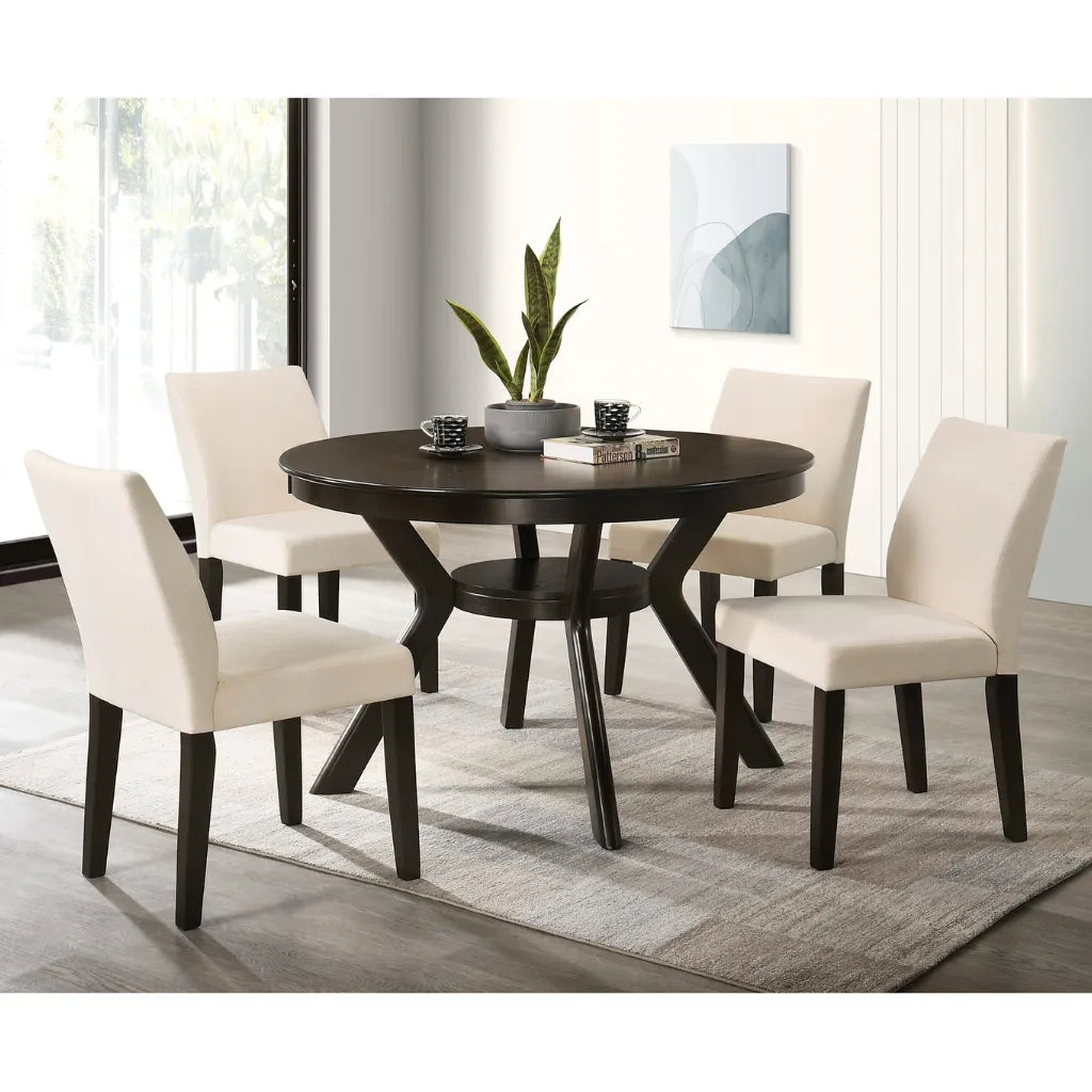 Dining room set with a dark wooden table and four cream-colored chairs 