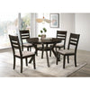 Dining room with a dark wooden round dining table and four matching chairs with light gray cushions