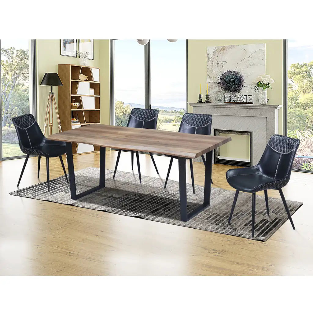 Dining set with a wooden dining table and black PU chairs