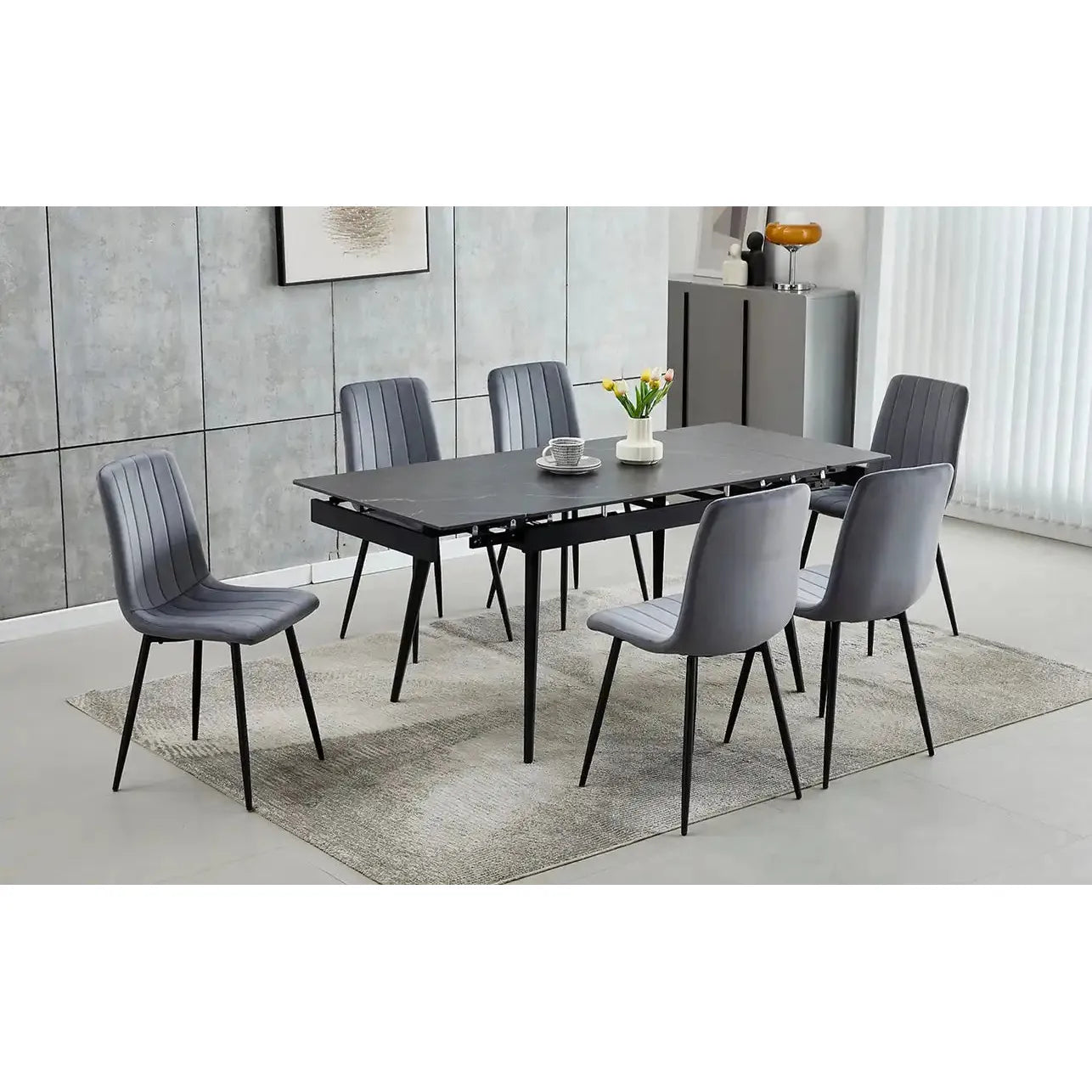 Extendable Dining Set with Grey Velvet Chairs
